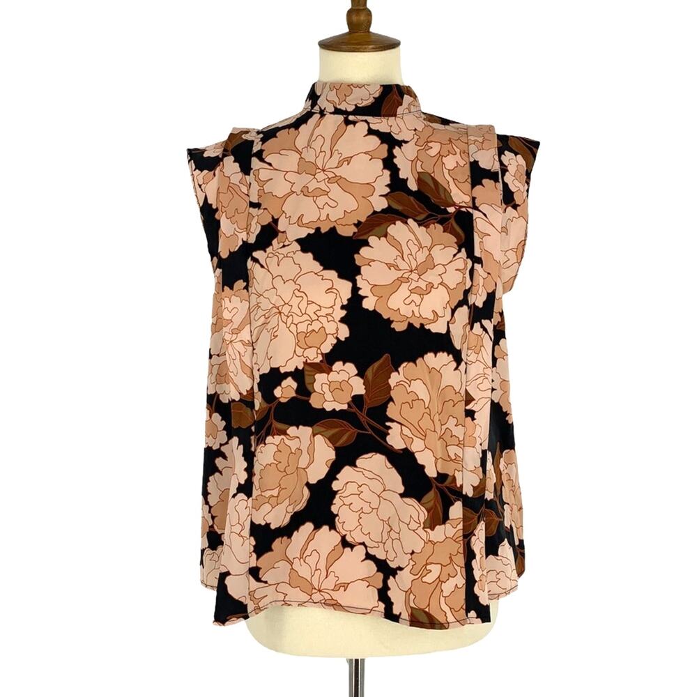 Who What Wear Floral Ruffle Sleeveless Blouse Black Pink Women's Size Small